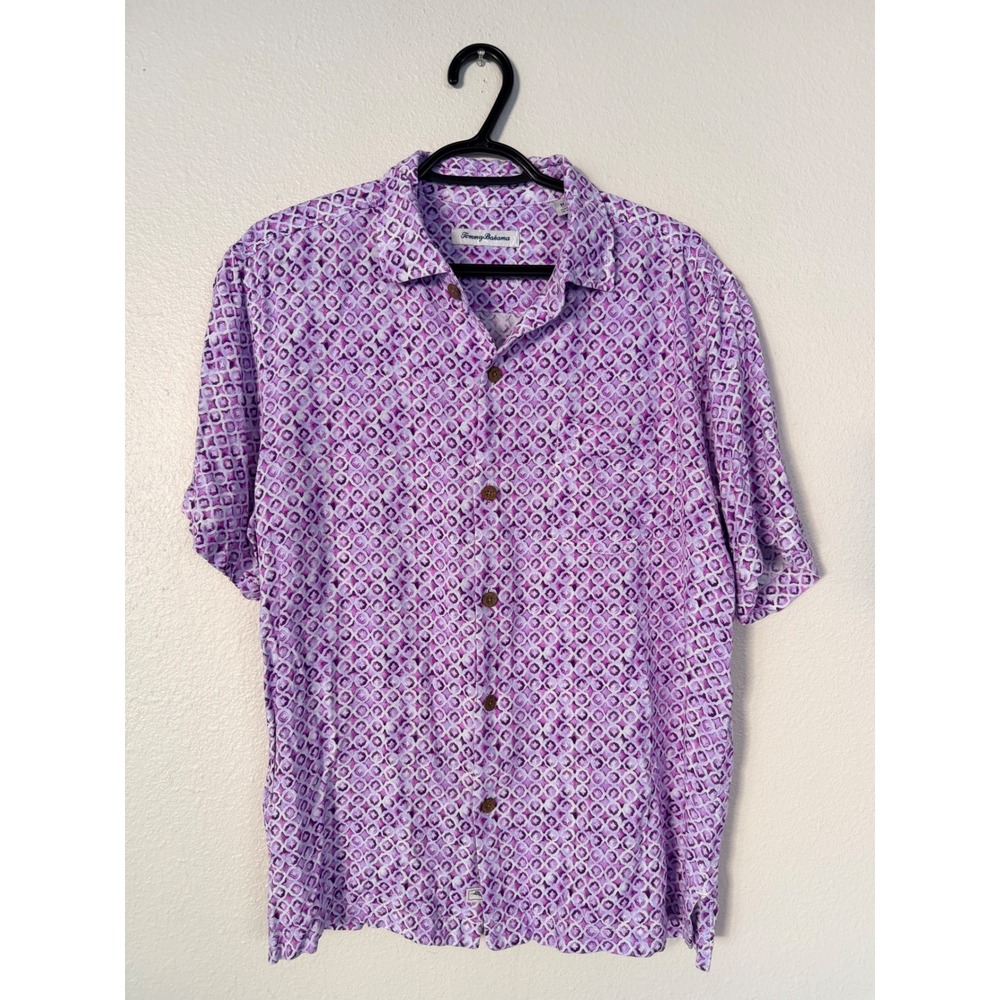 Tommy Bahama Mens Purple Geometric Tile Print Short Sleeve Camp Shirt Size M